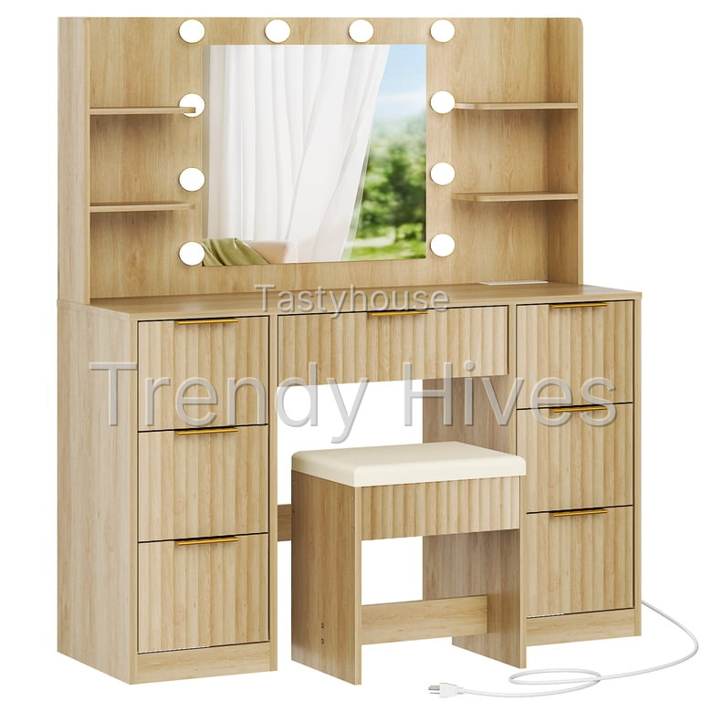 Dressing Table w/ 7 Drawers for Femal Gift, Wood Color