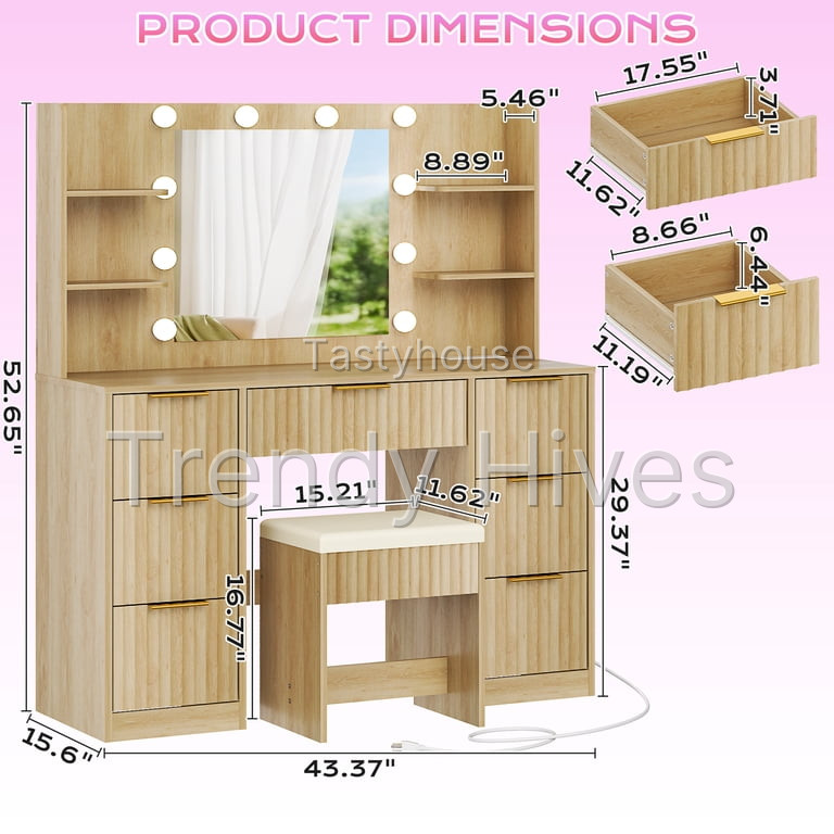 Dressing Table w/ 7 Drawers for Femal Gift, Wood Color