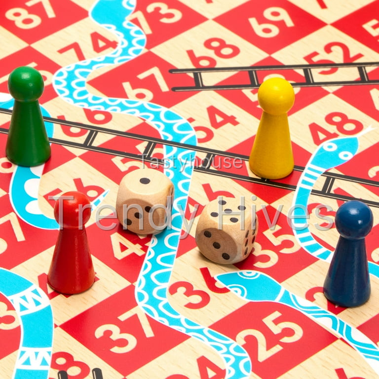 2-in-1 Reversible Wooden Snakes and Ladders, Ludo Game Set