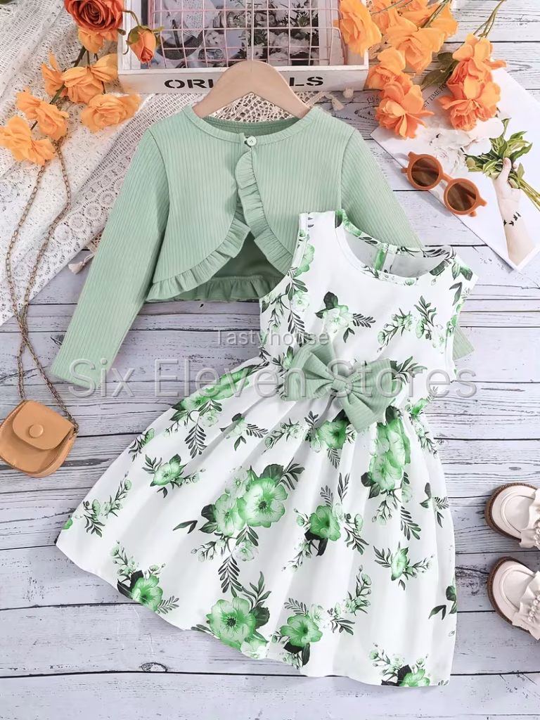 Girls’ Floral Dress & Cardigan 2-Piece Set