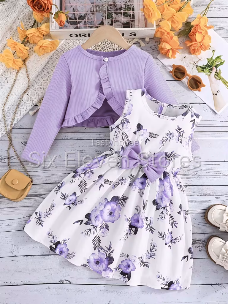Girls’ Floral Dress & Cardigan 2-Piece Set