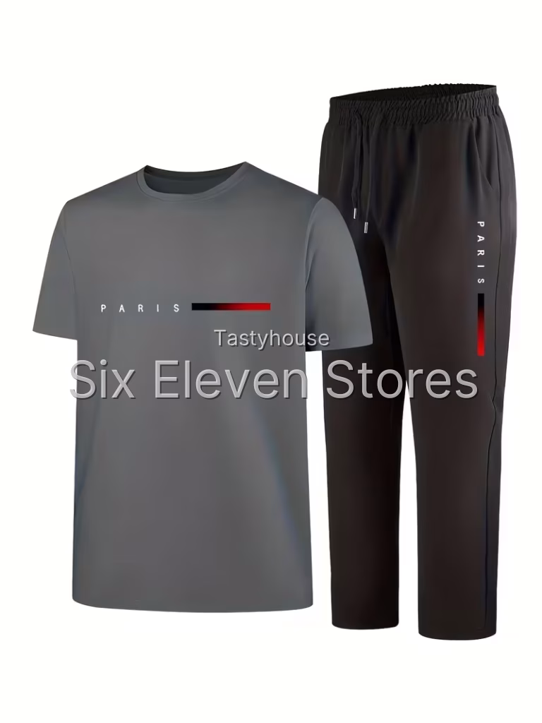 Men’S Casual Athletic 2pcs Short Sleeve Top And Straight Pants Outfit, Print Pattern Fashion Trendy