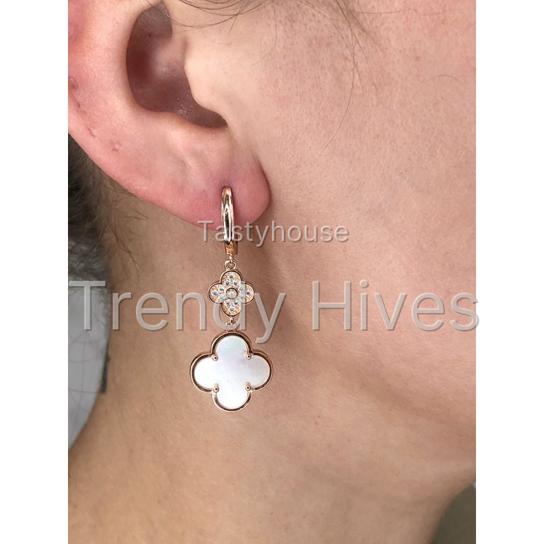 Mother of Pearl Flower Dangle Drop Earrings for Women in 925 Sterling Silver with Rose Gold Plating Hinge Post by Lavari Jewelers