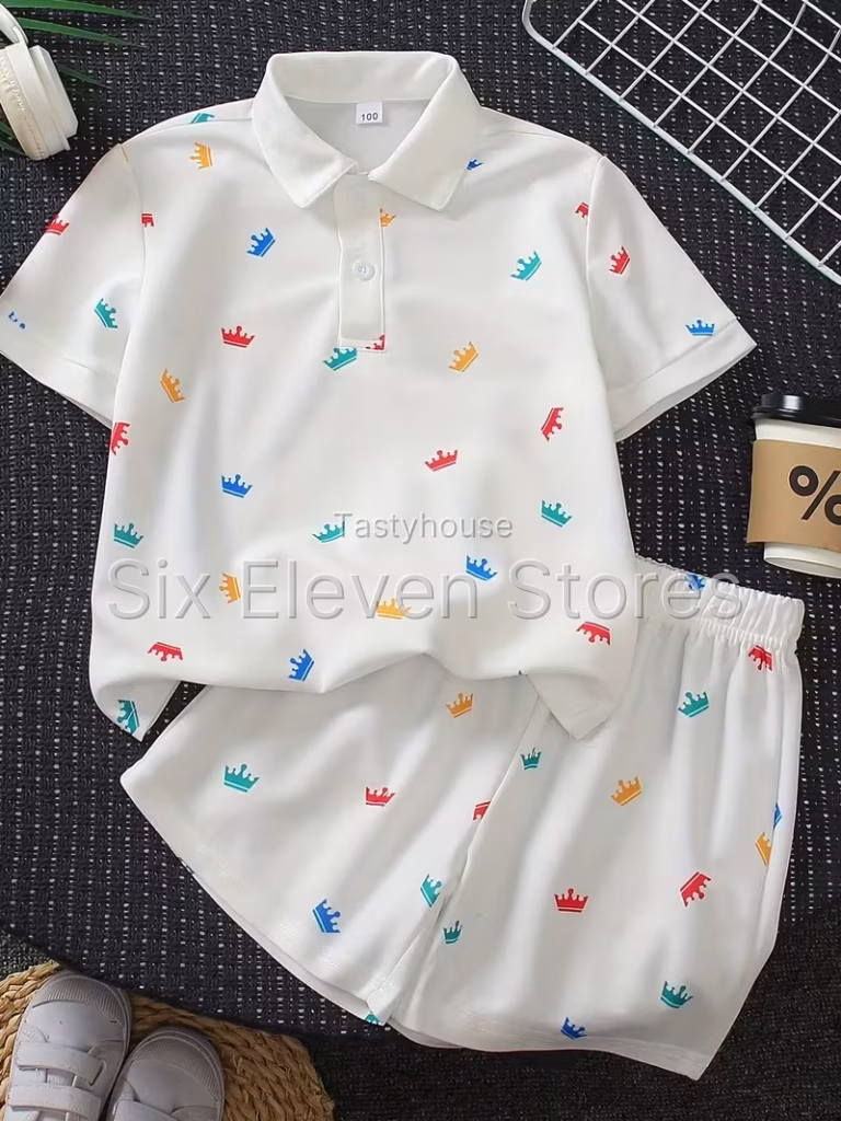 2-Piece Boys’ Crown Print Polo Shirt & Shorts Set