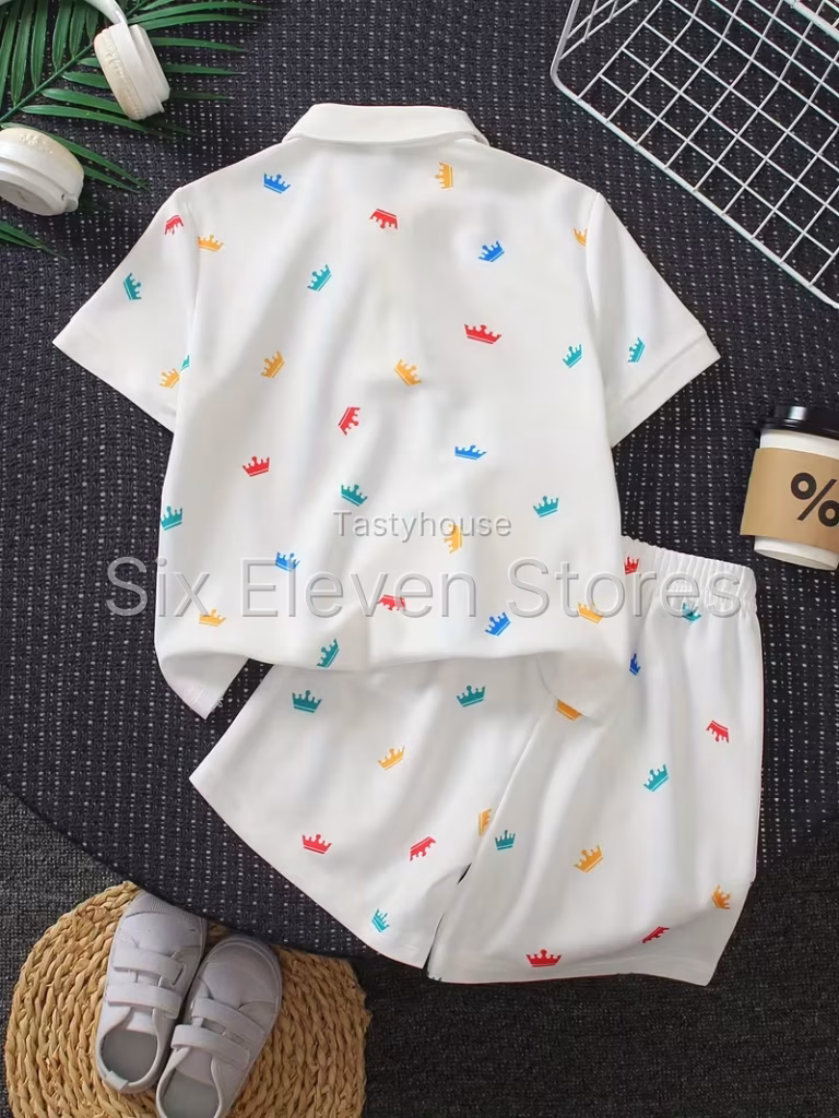 2-Piece Boys’ Crown Print Polo Shirt & Shorts Set