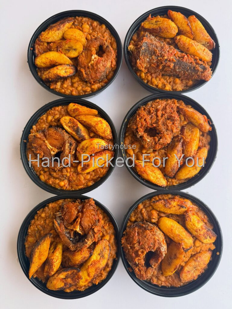 Beans Porridge with Fried Plantain & Fish