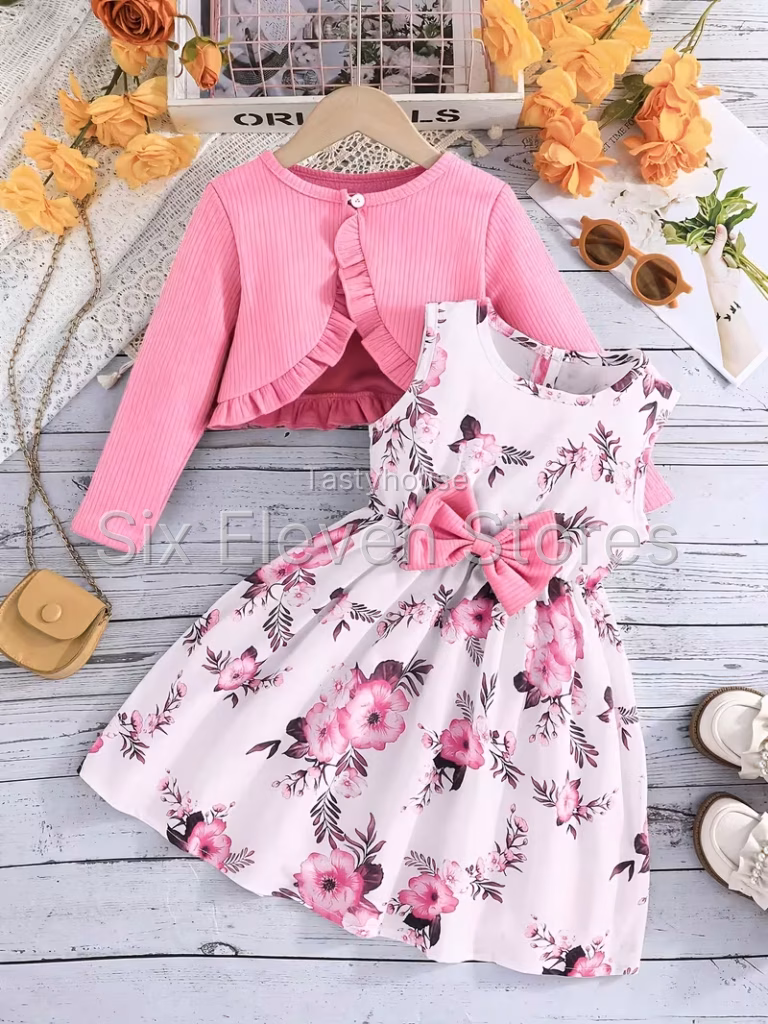 Girls’ Floral Dress & Cardigan 2-Piece Set