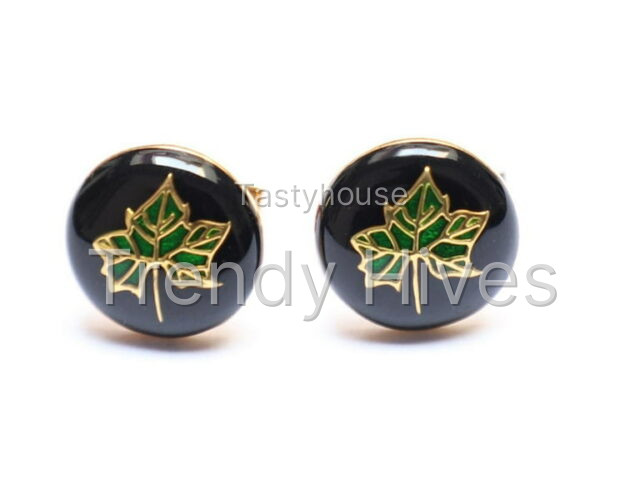 Unique style black and green enamel leaf pattern round sterling silver cufflinks for men