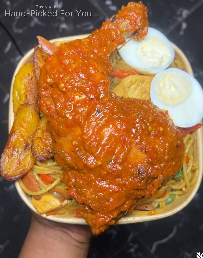 Stir fry pasta x chicken lap and plantain