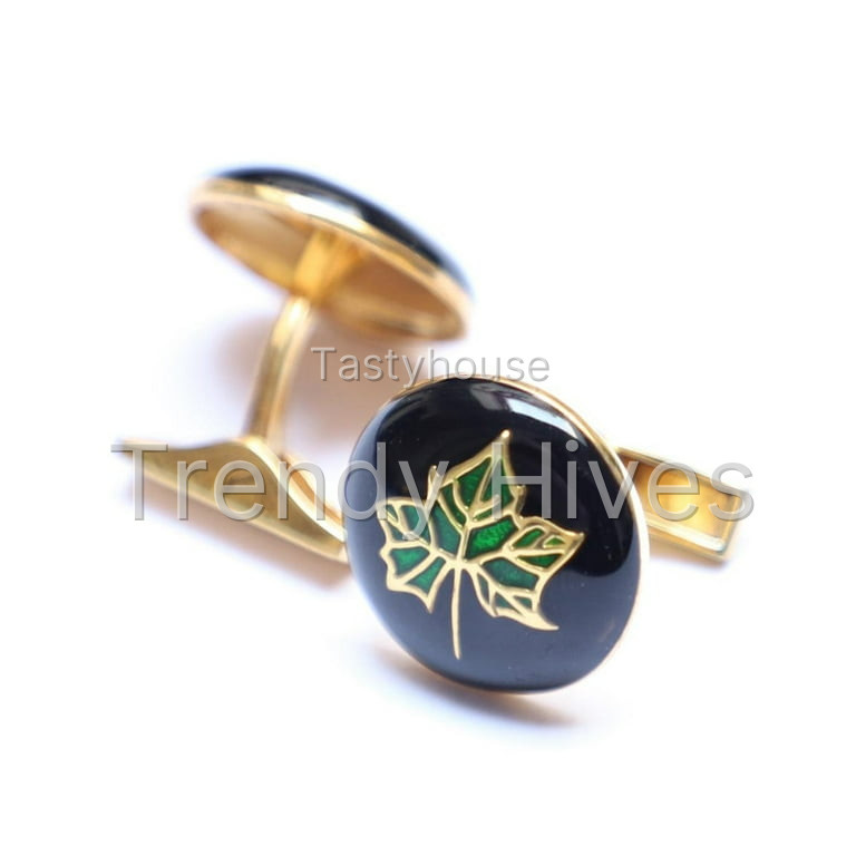 Unique style black and green enamel leaf pattern round sterling silver cufflinks for men