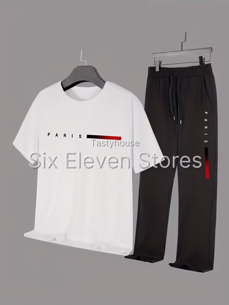 Men’S Casual Athletic 2pcs Short Sleeve Top And Straight Pants Outfit, Print Pattern Fashion Trendy