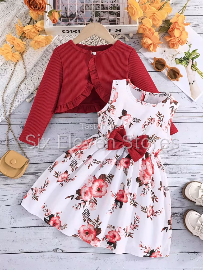 Girls’ Floral Dress & Cardigan 2-Piece Set