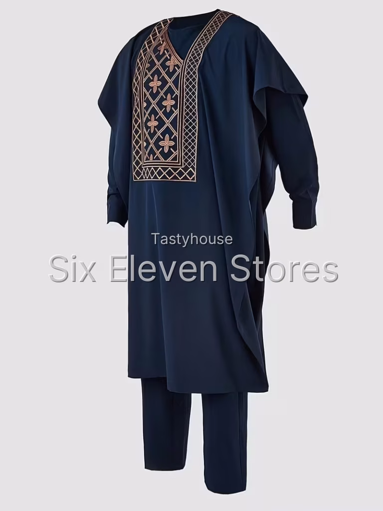 Men’s Agbada Dashiki 3-Piece Traditional Set – Embroidered Long Sleeve Robe, Top & Trousers