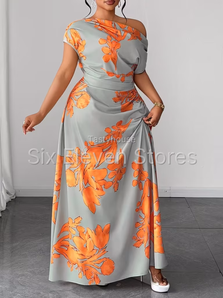Plus Size Women’s Elegant Summer Floral Dress – Off-Shoulder Slim Fit Waist-Cinching Long Dress