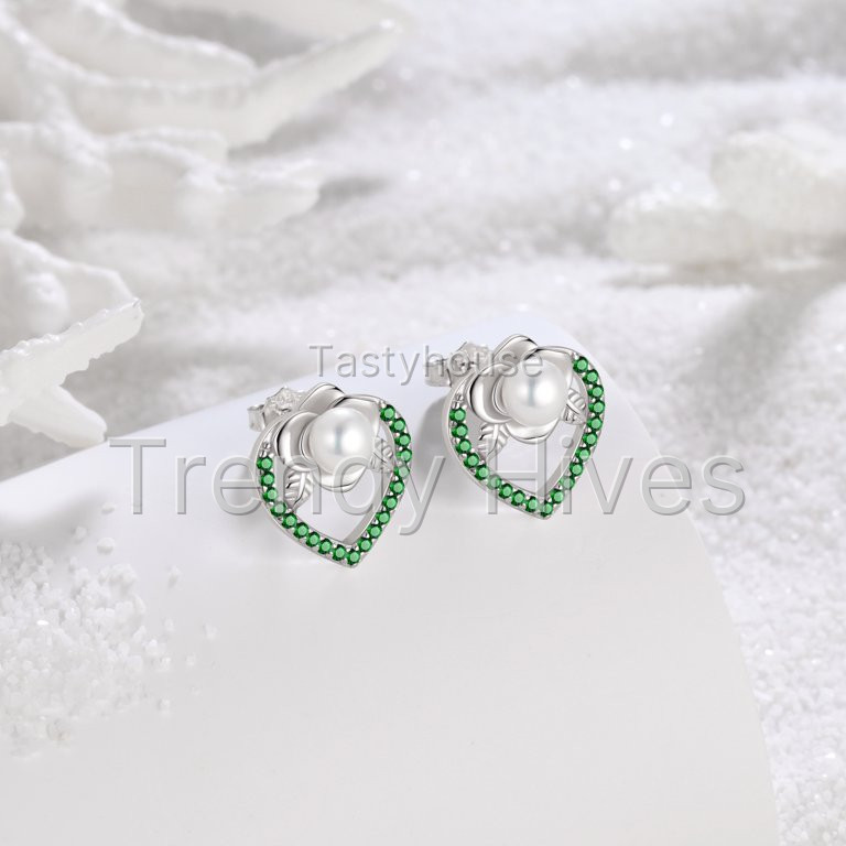 Fasjewly 925 Sterling Silver May Emerald Birthstone Earrings for Women, Pearl Bow Dangle Stud Earrings