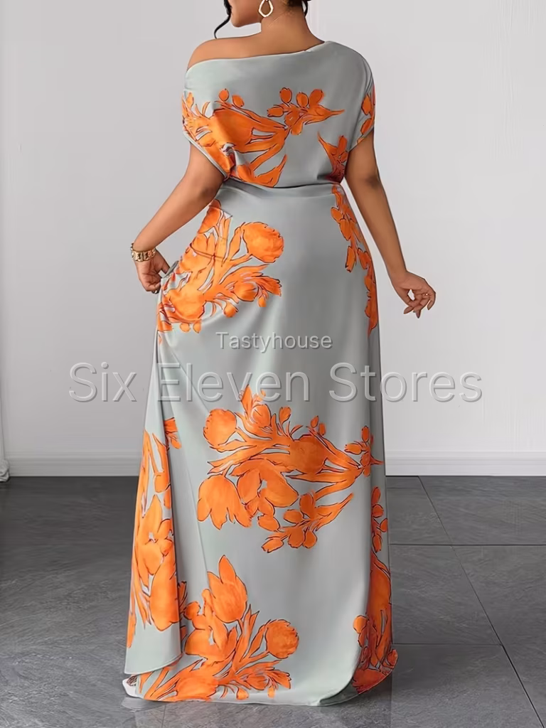 Plus Size Women’s Elegant Summer Floral Dress – Off-Shoulder Slim Fit Waist-Cinching Long Dress