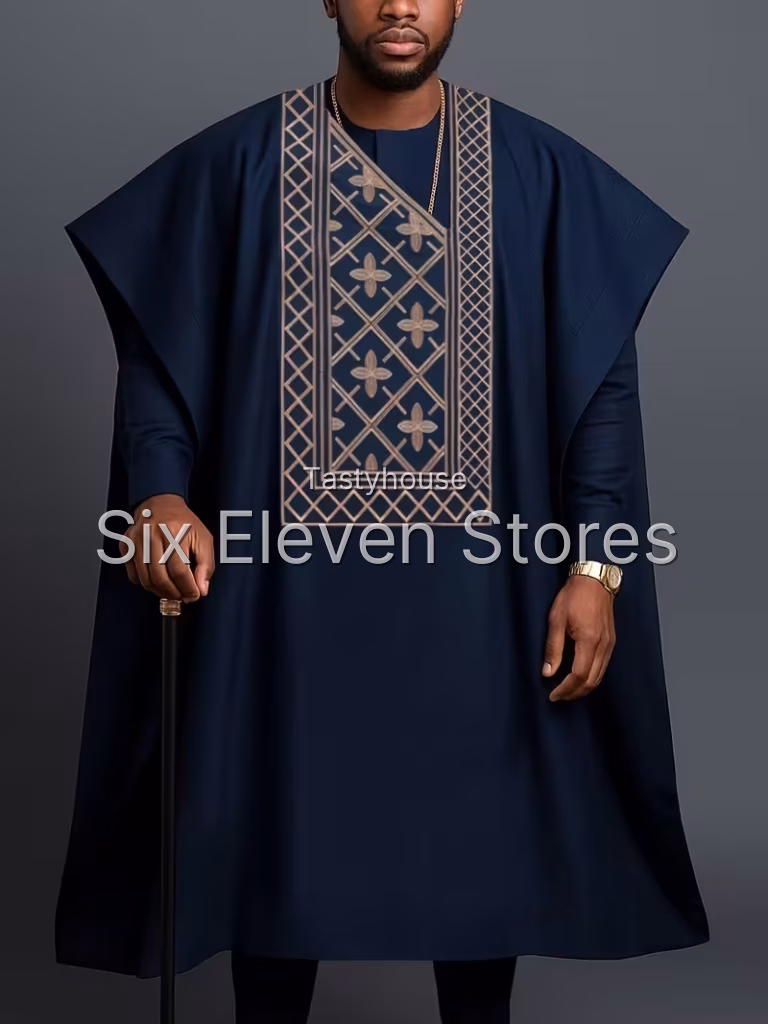 Men’s Agbada Dashiki 3-Piece Traditional Set – Embroidered Long Sleeve Robe, Top & Trousers