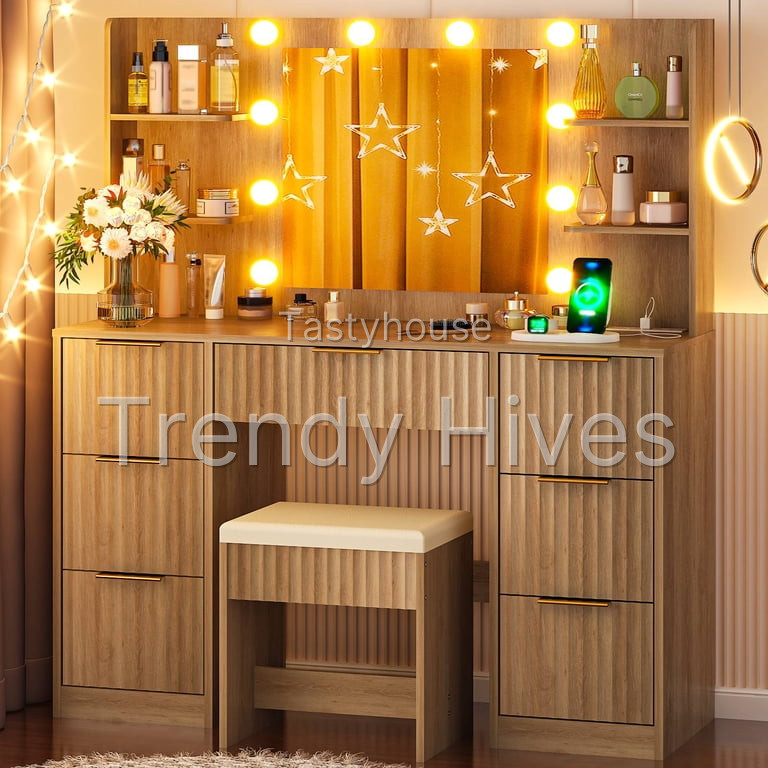 Dressing Table w/ 7 Drawers for Femal Gift, Wood Color