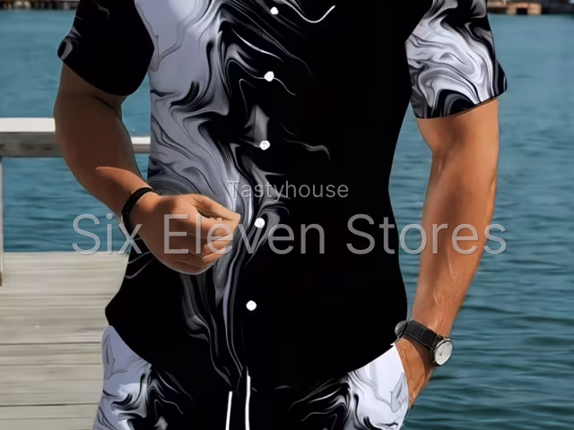 Summer Men’S Black And White Ink Print Short Sleeve Shirt And Shorts Set, Western Style Beach Vacation Casual Two-Piece Outfit