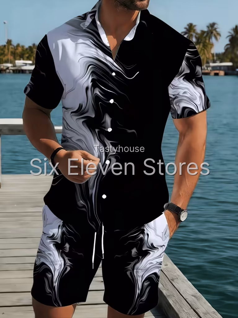 Summer Men’S Black And White Ink Print Short Sleeve Shirt And Shorts Set, Western Style Beach Vacation Casual Two-Piece Outfit
