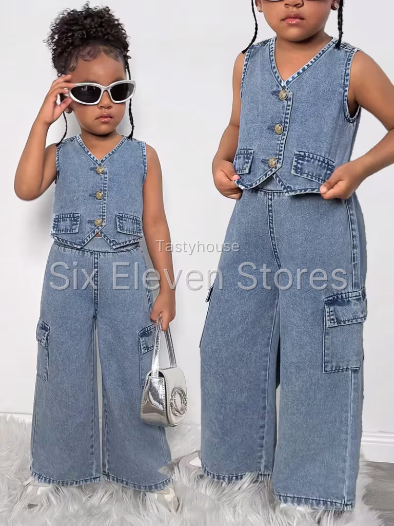 Girls’ 2-Piece Washed Denim Vest & Jeans Set