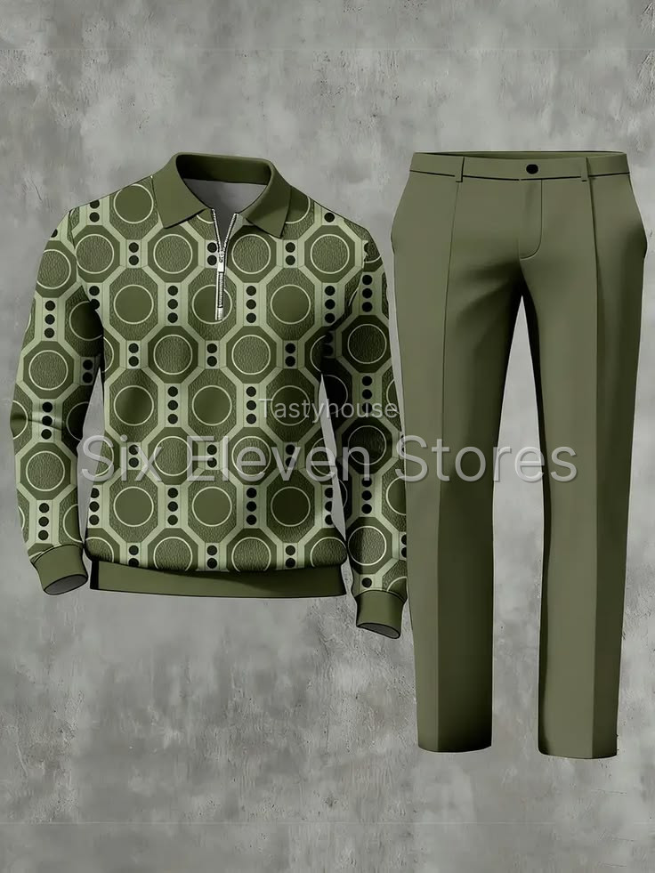 Mens spring autumn casual sports suit brown geometric