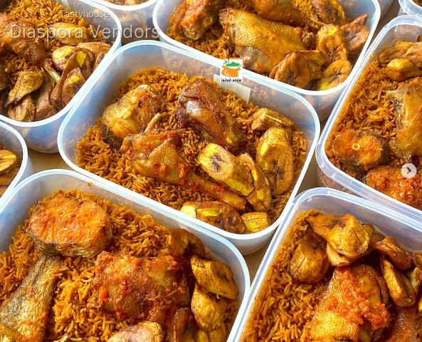 SMOKY JOLLOF RICE X DICED PLANTAINS X PEPPERED CHICKEN X PEPPERED FISH