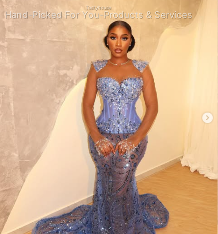 Sky Blue Mermaid Gown with Beaded Lace