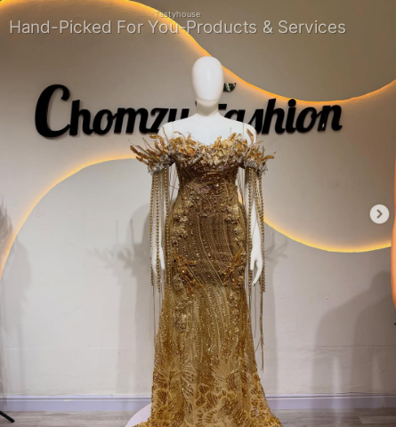 Gold Beaded Evening Gown with Crystal Fringe Sleeves