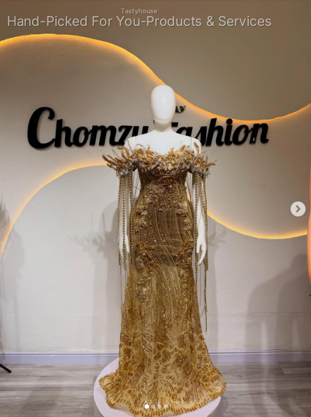 Gold Beaded Evening Gown with Crystal Fringe Sleeves