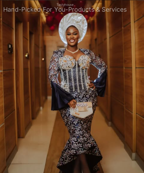 Navy Blue & Silver Aso Ebi Gown