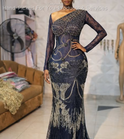 Custom Navy Blue Aso Ebi Gown