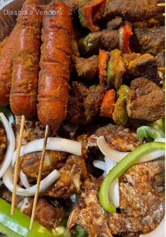 JayBaba’s Kitchen Grilled Beef Suya, Sausages & Fried Fish Platter