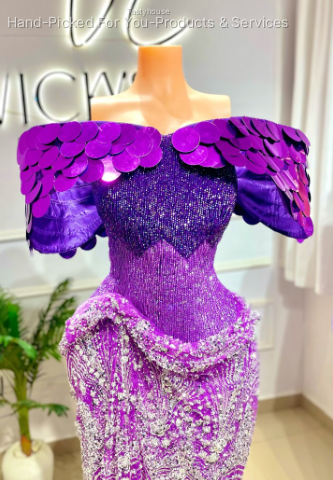 Purple Bespoke Beaded Dress with Sequined Shoulders