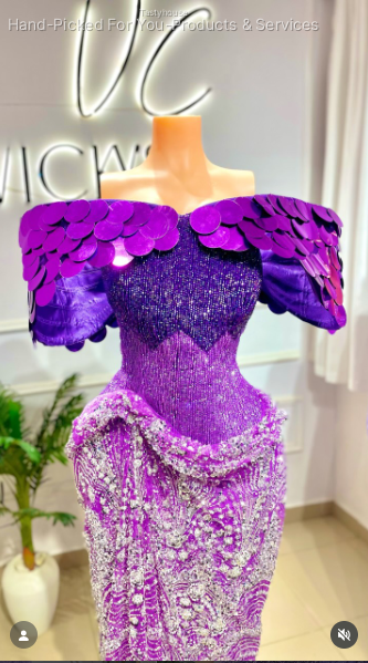 Purple Bespoke Beaded Dress with Sequined Shoulders