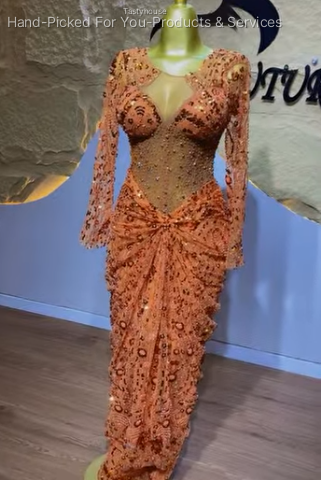 Burnt Orange Beaded Sequin Dress