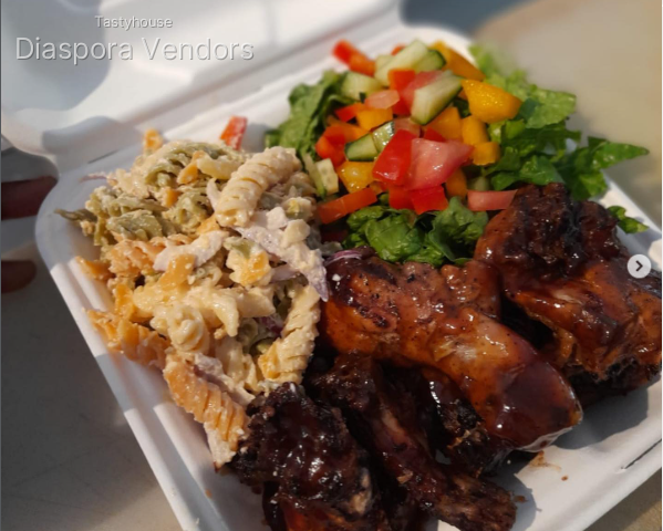 Glazed BBQ or Jerk Chicken X Creamy Pasta Salad X Garden Salad
