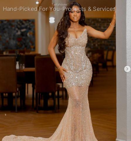 Tailored Beige Beaded Corset Evening Gown