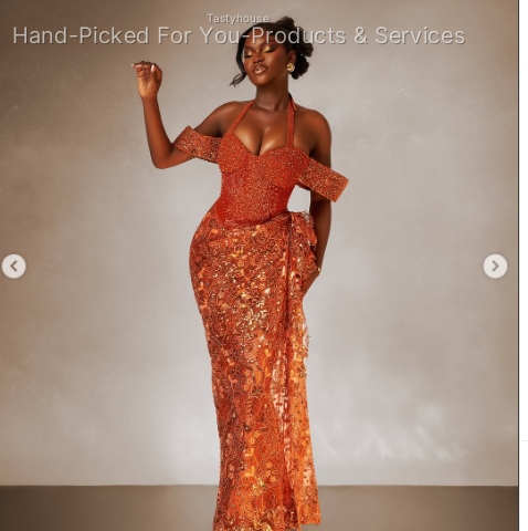 Burnt Orange Beaded Lace Aso Ebi Gown