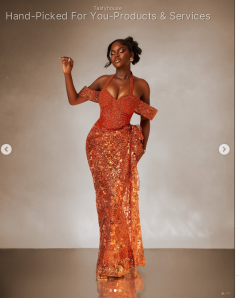 Burnt Orange Beaded Lace Aso Ebi Gown