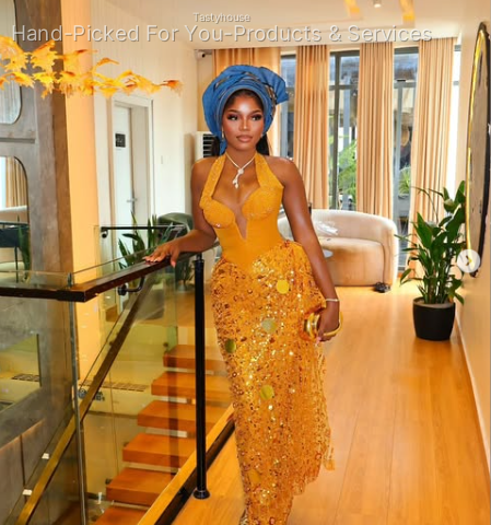 Gold Sequin Mirror Applique Aso Ebi Dress
