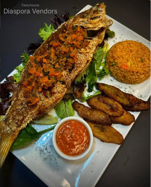 Fried Red Snapper with Jollof Rice & Plantain