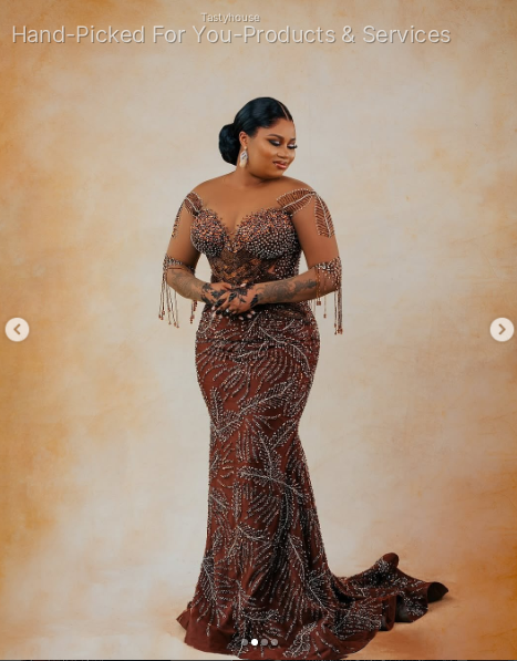 Brown Mermaid Wedding Gown with Silver Beading
