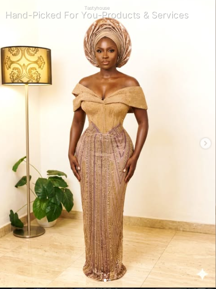 Gold & Rose Gold Beaded Off-Shoulder Gown