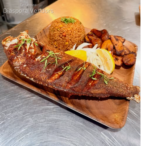 Fried Red Snapper with Jollof Rice & Fried Plantains