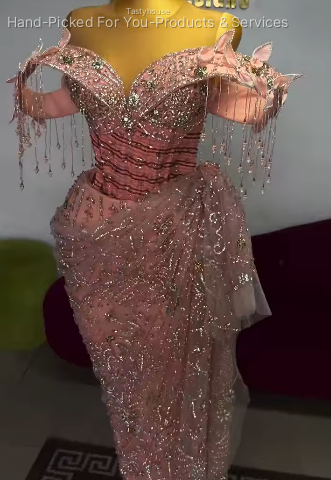 Pink Crystal Embellished Draped Gown