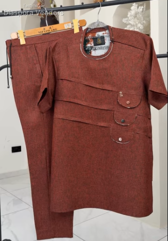 Rust-Brown Textured Men’s Kaftan Set