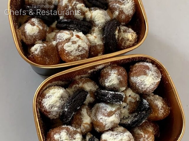 Glazed puff puff, caramel and Oreo toppings