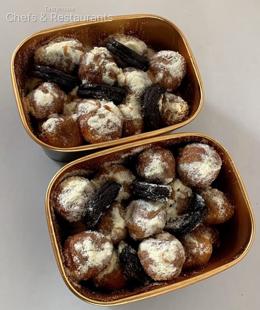 Glazed puff puff, caramel and Oreo toppings