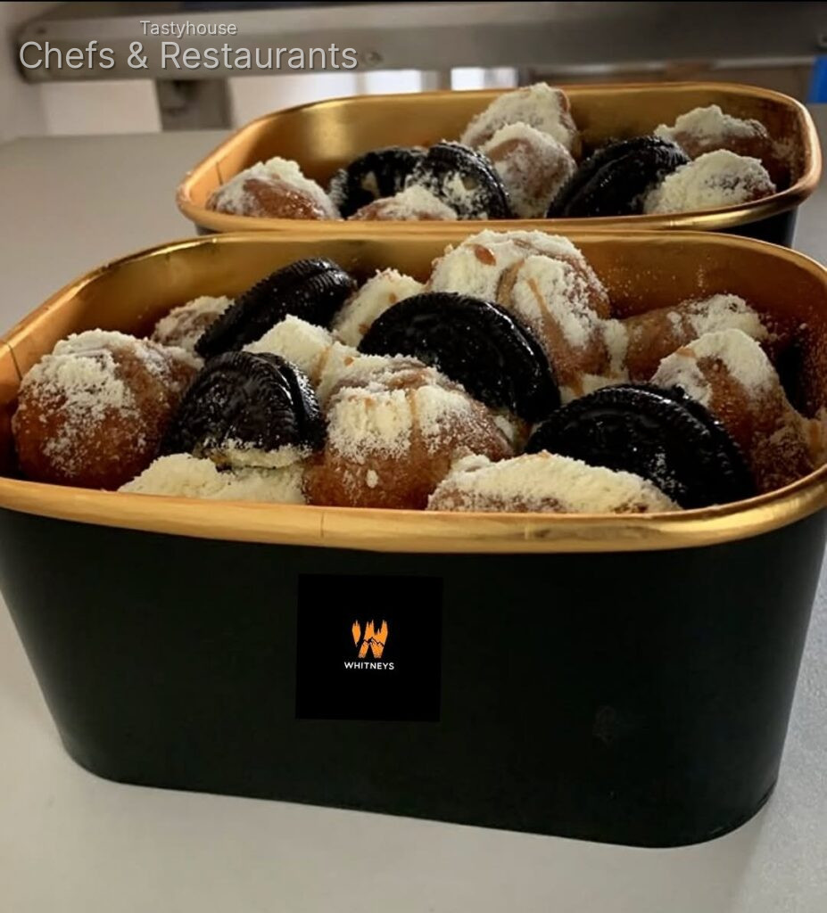 Glazed puff puff, caramel and Oreo toppings
